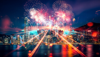 Poster - Hong Kong night cityscape, fireworks explode in double exposure, showing growing concept up skyscrapers, festive lights and vibrant urban scene.