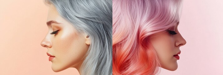Poster - Transition from gray hair to vibrant dyed hair showcasing a striking before and after transformation. Generative AI