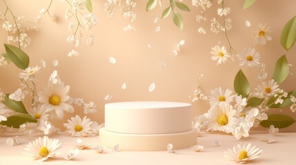 Poster - Minimalist 3D podium surrounded by soft spring leaves and delicate floral accents on a pastel background, perfect for product display.