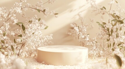 Poster - Minimalist 3D podium surrounded by soft spring leaves and delicate floral accents on a pastel background, perfect for product display.