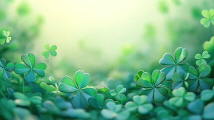 Wall Mural - a vibrant st patrick’s day background featuring four-leaf clovers, shamrocks, and green leaves
