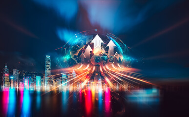 Fototapete - A double exposure concept of Hong Kong cityscape with upward arrows symbolizes growing progress. Bright lights and blurred motion enhance the abstract and futuristic feel.
