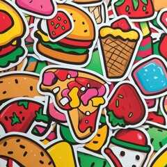 Poster - Colorful playful food stickers featuring pizza slices, burgers, and ice cream against a vibrant background. Generative AI