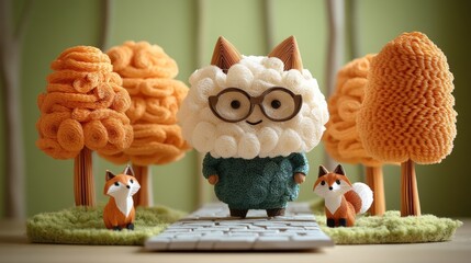Poster - Small toy wearing sweater and glasses on keyboard with miniature japanese diorama in background