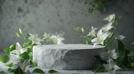 Poster - Minimalist stone pedestal encircled by fresh blooming lilies and gentle leaf accents, dreamy and elegant
