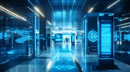 Aufkleber - Futuristic Digital Data Center With Glowing Screens and Modern Tech Infrastructure