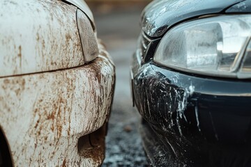 Poster - Comparison of a scratched dirty car versus a shiny polished vehicle highlighting different car maintenance habits and care choices. Generative AI