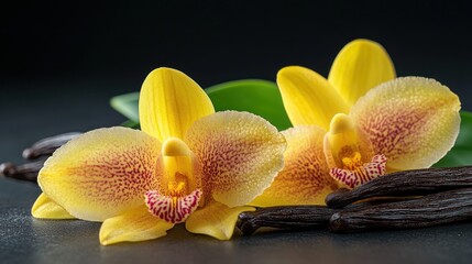 Close-up orchid blossoms and vanilla pods on dark background