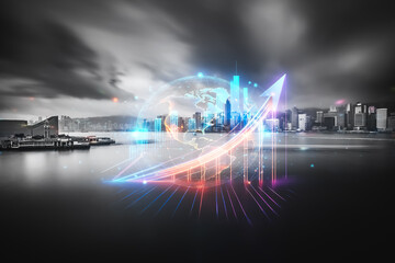 Poster - Double exposure concept of Hong Kong, suggesting upward growth and a bright future.