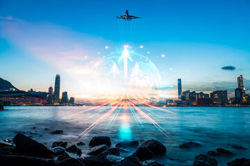 Aufkleber - Hong Kong skyline blends with a double exposure concept of growth. An airplane takes off, symbolizing growing upwards in a vibrant cityscape.
