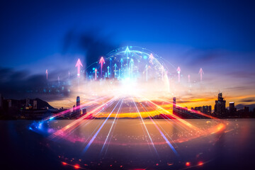 Aufkleber - Hong Kong double exposure concept image showing upward growth and direction with vibrant arrows and city skyline.