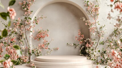 Poster - Modern 3D podium in soft spring colors, surrounded by delicate floral elements and lush green leaves for a fresh, minimalist scene.