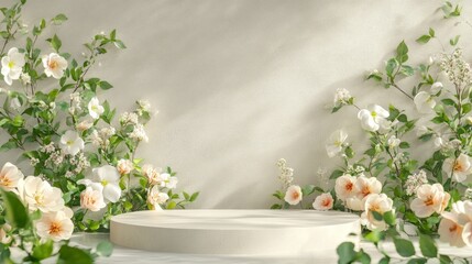 Poster - Modern 3D podium in soft spring colors, surrounded by delicate floral elements and lush green leaves for a fresh, minimalist scene.