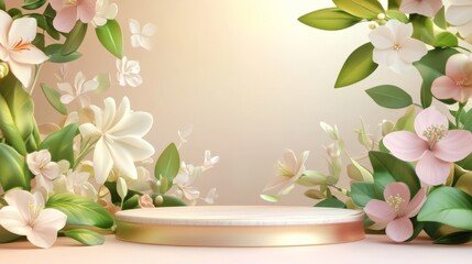 Poster - Modern 3D podium in soft spring colors, surrounded by delicate floral elements and lush green leaves for a fresh, minimalist scene.