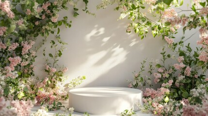 Poster - Modern 3D podium in soft spring colors, surrounded by delicate floral elements and lush green leaves for a fresh, minimalist scene.