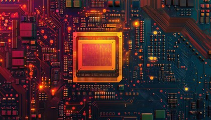 Poster - Detailed closeup of a digital circuit board with processors