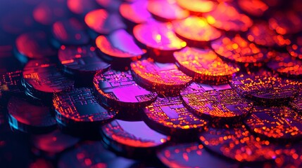 Poster - Colorful Digital Coins with Glowing Circuit Patterns on Surface