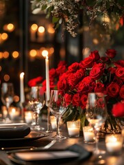 Poster - Elegant dining setup featuring red roses and warm candlelight for a romantic evening celebration at a cozy restaurant. Generative AI