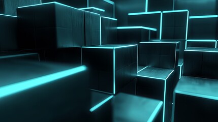 Poster - Futuristic Abstract Blocks with Neon Light Glow in Dark Environment