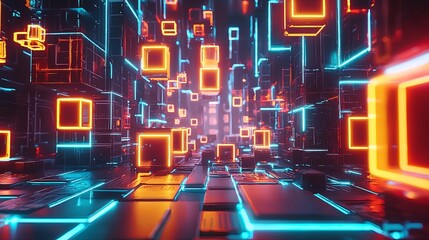 Poster - Futuristic Neon Cubes in Abstract Digital Corridor Environment