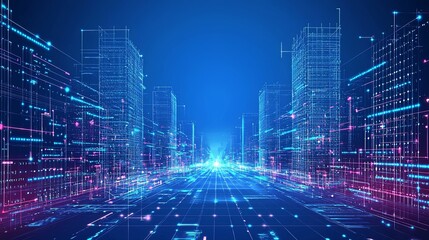 Poster - Futuristic Cityscape with Digital Lines and Neon Lights Animation