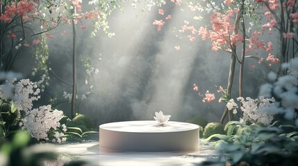 Poster - Organic-inspired 3D podium surrounded by vibrant spring foliage and blossoms, blending nature with modern simplicity.