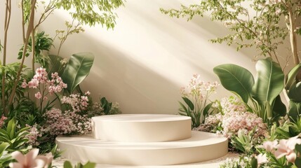 Poster - Organic-inspired 3D podium surrounded by vibrant spring foliage and blossoms, blending nature with modern simplicity.