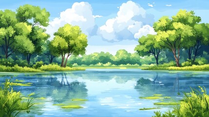 Poster - Calm lake, lush trees, summer sky, nature scene, idyllic landscape