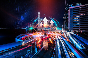 Poster - Hong Kong night cityscape concept with double exposure. Growing city lights streak upwards, symbolizing urban progress and development.