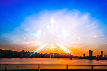 Poster - Double exposure concept of Hong Kong cityscape at sunset with arrows growing upwards against a vibrant sky.