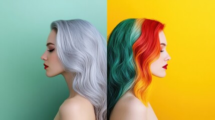 Poster - Transition from gray hair to vibrant dyed hair showcasing bold colors and styles for a fresh look. Generative AI
