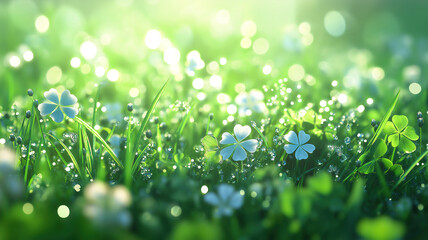 Wall Mural - st patrick’s day banner featuring a dew-covered four-leaf clover in a lush meadow with space for tex