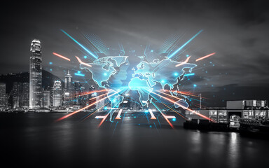 Poster - A double exposure concept shows Hong Kong's urban skyline. Growing light beams up from a world map overlay, representing global connections and expansion.