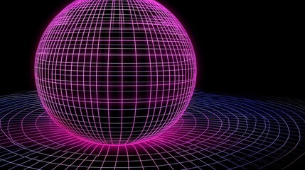 Poster - Neon Grid Sphere on Black Background with Vibrant Lighting Effects
