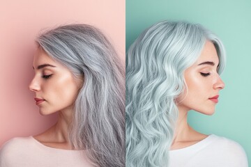 Poster - Gray hair transformation to vibrant dyed hair showcases a stunning change for a fresh new look. Generative AI