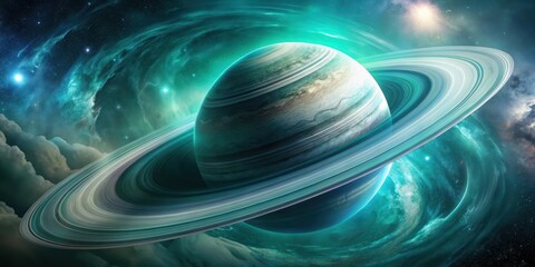 Wall Mural - a celestial body with rings orbits through a swirling nebula of emerald green hues