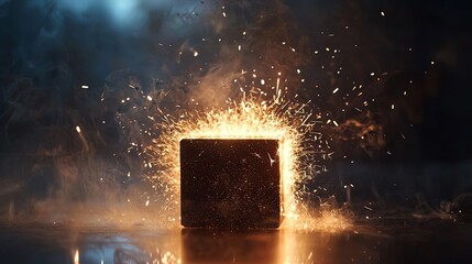 Poster - Spark Explosion from a Black Cube Surrounded by Bright Flames