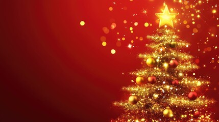 Wall Mural - a golden christmas tree with glowing ornaments and a star topper against a festive red background wi