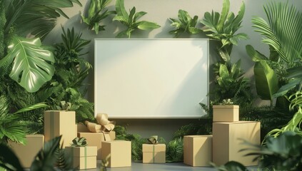 Poster - Blank poster surrounded by greenery and gifts in a room