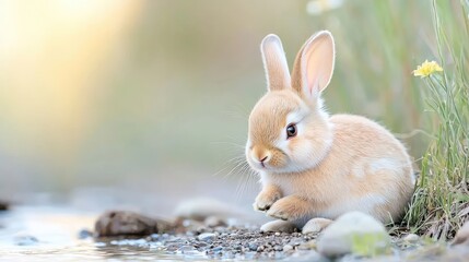 Wall Mural - Cute bunny by stream, meadow background, spring