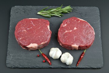 Two pieces of meat with garlic and red pepper flakes on a black stone slab, ribeye steak concept