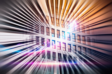 Poster - Zooming perspective of Hong Kong architecture embodies a fast-paced business concept. The vibrant, modern building shows dynamism and forward motion.