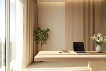 Poster - Modern minimalist wooden office desk, city view, sunlight streaming through curtains
