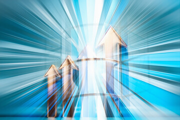 Poster - Business concept image with arrows pointing upwards against a blue backdrop, representing growth and progress in Hong Kong. Light rays suggest forward direction.