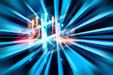 Aufkleber - Abstract image featuring dynamic blue light rays emanating outwards with orange arrows pointing upwards. Energetic and futuristic design suggesting motion, progress, and technological advancement.