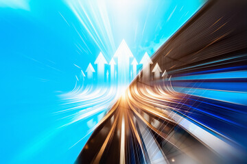 Aufkleber - Dynamic concept of business growth in Hong Kong, showing upward arrows symbolizing progress and forward momentum in a vibrant cityscape.