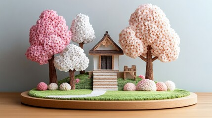Poster - Miniature diorama of a house made from paper flowers in a japanese garden setting