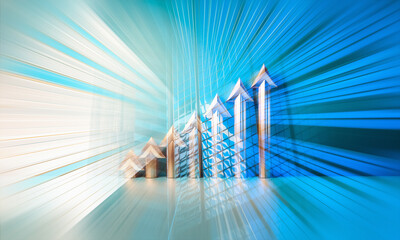 Poster - Abstract concept of business growth in Hong Kong. Upward arrows suggest financial progress and market success in a dynamic environment.