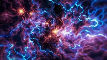 Poster - electric nebula with vibrant colors and glowing lights in cosmic space, scientific exploration concept