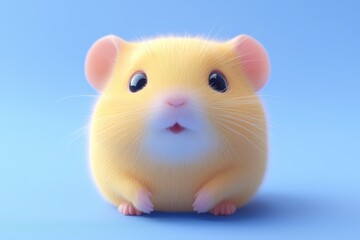 Wall Mural - A cute, fluffy yellow hamster with large eyes, sitting on a light blue background. The hamster has a round body and a surprised expression, making it look adorable and playful.